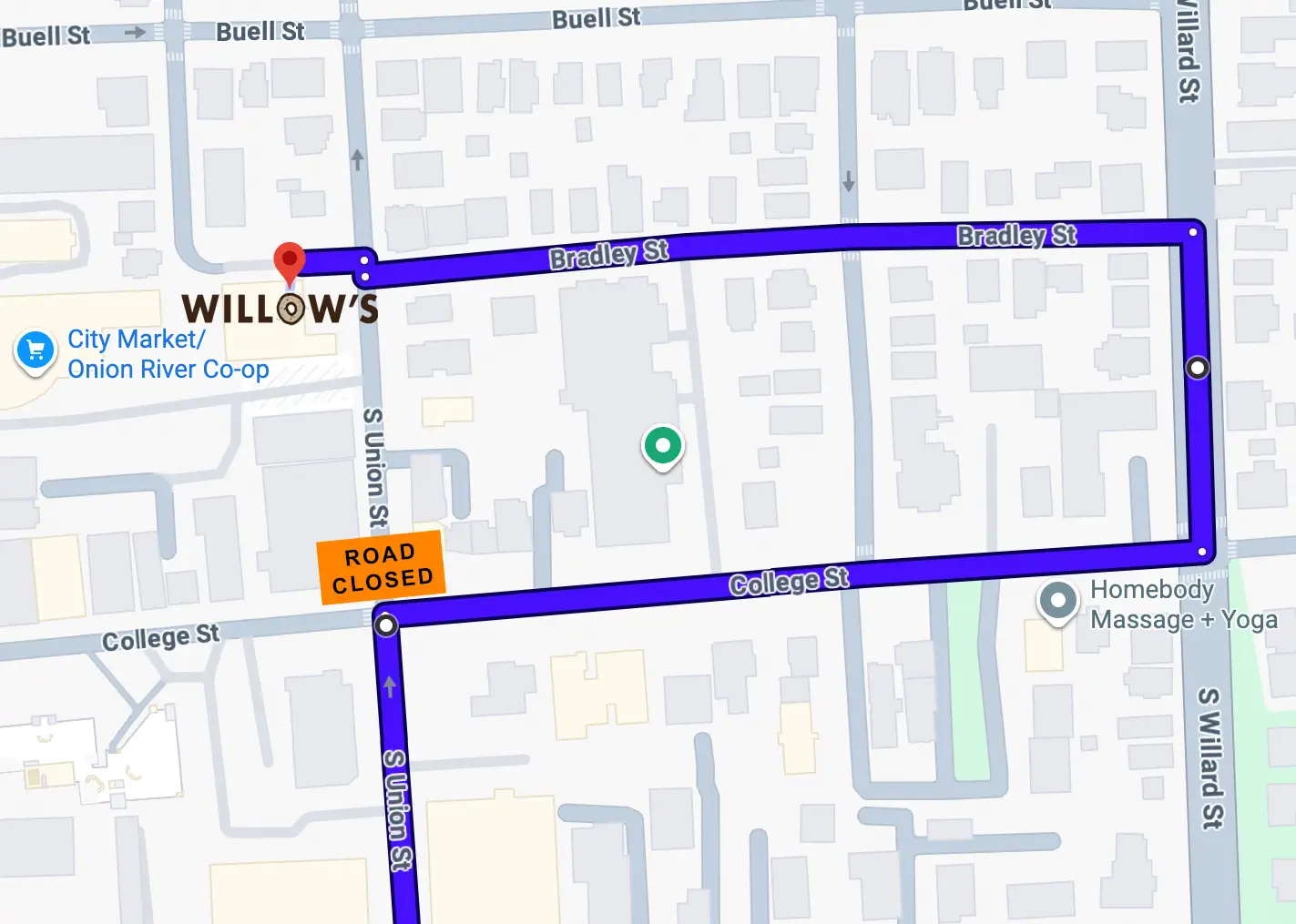 map with detour from South Union St., right on College St., left on South Willard St., left on Bradley St. to Willow's Bagels